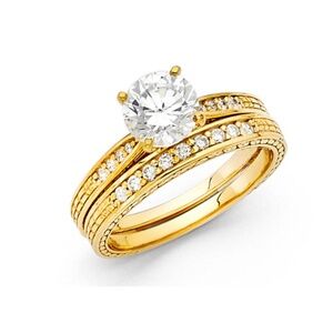 Vintage look & Pave Engagement Ring band 2pc set